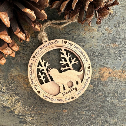 Personalized Bernedoodle Ornament, Laser Cut Birchwood Pet Memorial