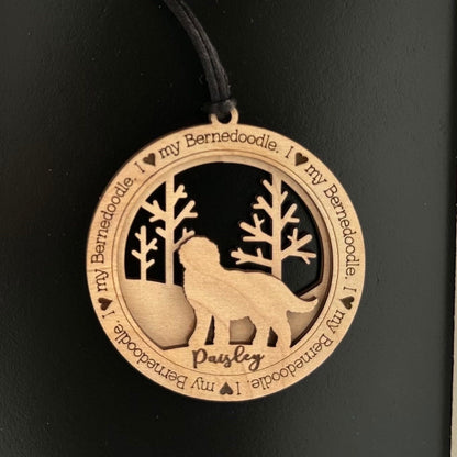 Personalized Bernedoodle Ornament, Laser Cut Birchwood Pet Memorial