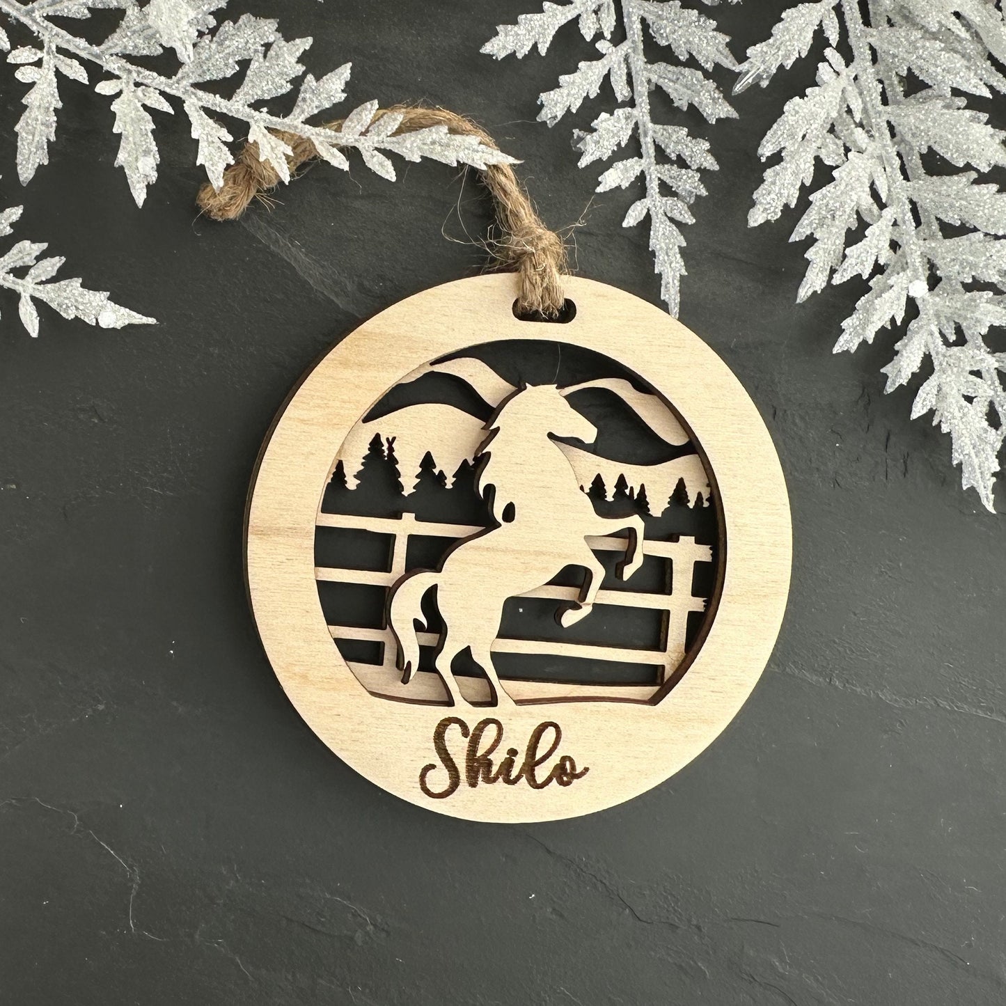Beautiful personalized horse with a mountains ornament can be customized with your name, horse’s or text of your choosing. This keepsake equestrian ornament is a heartfelt memorial for the celebration of life and experiences.