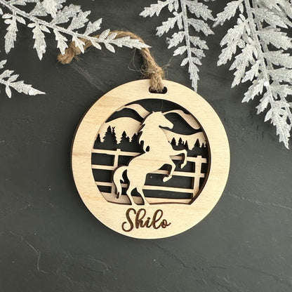 Beautiful personalized horse with a mountains ornament can be customized with your name, horse’s or text of your choosing. This keepsake equestrian ornament is a heartfelt memorial for the celebration of life and experiences.