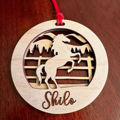 Beautiful personalized horse with a mountains ornament can be customized with your name, horse’s or text of your choosing. This keepsake equestrian ornament is a heartfelt memorial for the celebration of life and experiences.