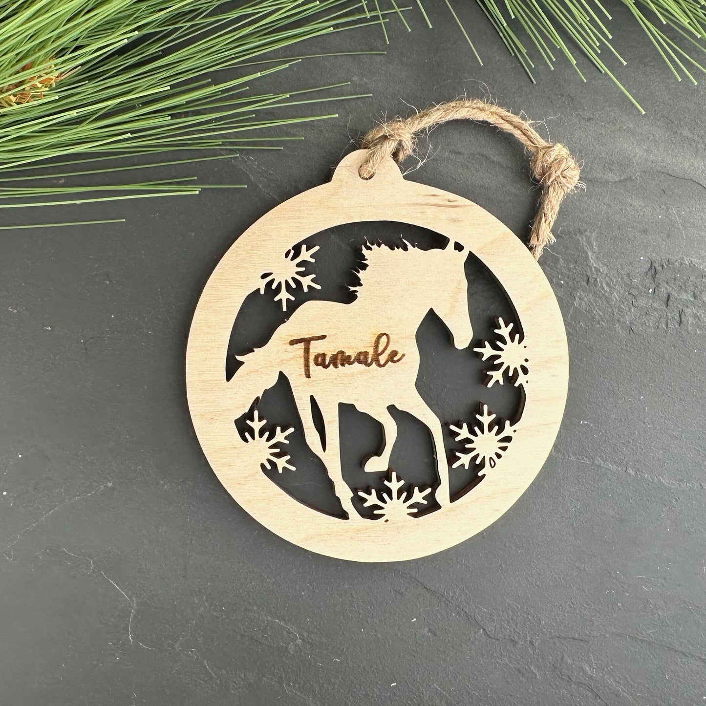 Beautiful personalized horse with snow ornament can be customized with your name, horse’s or text of your choosing. This keepsake equestrian ornament is a heartfelt memorial for the celebration of life and experiences.