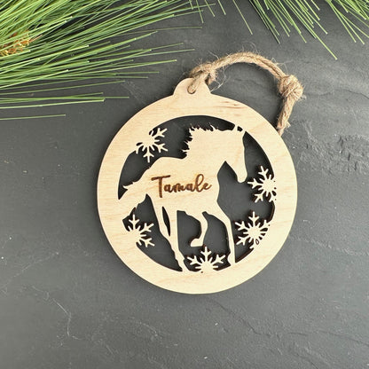 Beautiful personalized horse with snow ornament can be customized with your name, horse’s or text of your choosing. This keepsake equestrian ornament is a heartfelt memorial for the celebration of life and experiences.