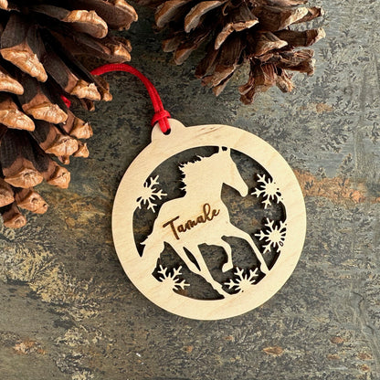 Beautiful personalized horse with snow ornament can be customized with your name, horse’s or text of your choosing. This keepsake equestrian ornament is a heartfelt memorial for the celebration of life and experiences.