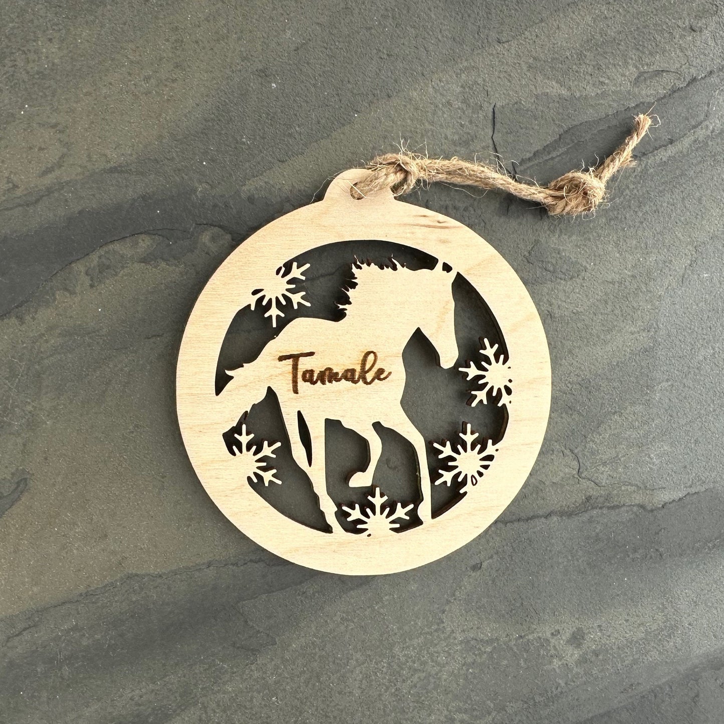 Beautiful personalized horse with snow ornament can be customized with your name, horse’s or text of your choosing. This keepsake equestrian ornament is a heartfelt memorial for the celebration of life and experiences.