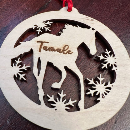 Beautiful personalized horse with snow ornament can be customized with your name, horse’s or text of your choosing. This keepsake equestrian ornament is a heartfelt memorial for the celebration of life and experiences.