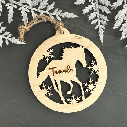 Beautiful personalized horse with snow ornament can be customized with your name, horse’s or text of your choosing. This keepsake equestrian ornament is a heartfelt memorial for the celebration of life and experiences.