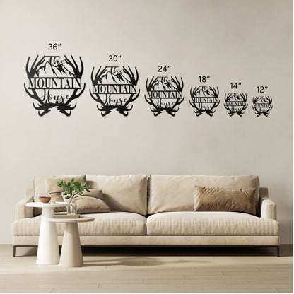 Custom Name Antler with Mountains Metal Wall Art, Family Metal Wall Hanging, Artwork for Home or Cabin, Large Indoor or Outdoor Wall Art, available in various colors and sizes