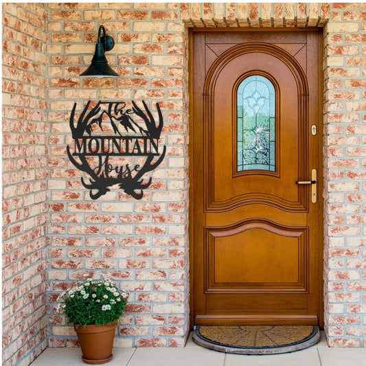 Custom Name Antler with Mountains Metal Wall Art, Family Metal Wall Hanging, Artwork for Home or Cabin, Large Indoor or Outdoor Wall Art, available in various colors and sizes