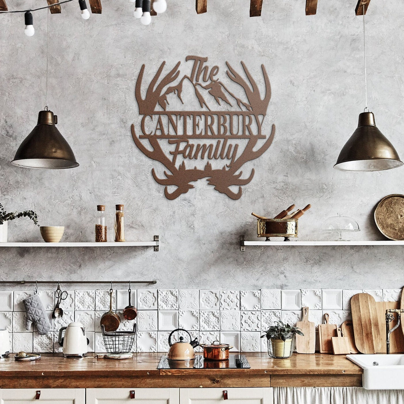 Custom Name Antler with Mountains Metal Wall Art, Family Metal Wall Hanging, Artwork for Home or Cabin, Large Indoor or Outdoor Wall Art