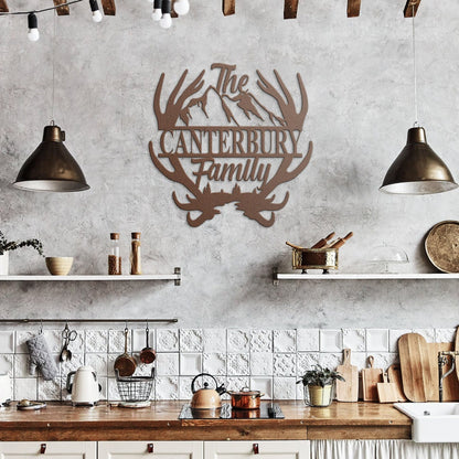 Custom Name Antler with Mountains Metal Wall Art, Family Metal Wall Hanging, Artwork for Home or Cabin, Large Indoor or Outdoor Wall Art