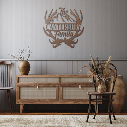 Custom Name Antler with Mountains Metal Wall Art, Family Metal Wall Hanging, Artwork for Home or Cabin, Large Indoor or Outdoor Wall Art