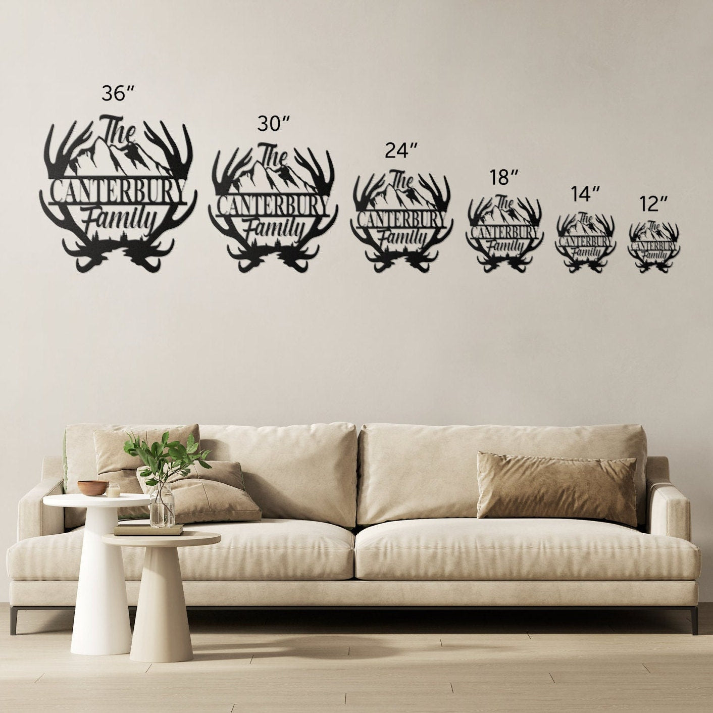 Custom Name Antler with Mountains Metal Wall Art, Family Metal Wall Hanging, Artwork for Home or Cabin, Large Indoor or Outdoor Wall Art