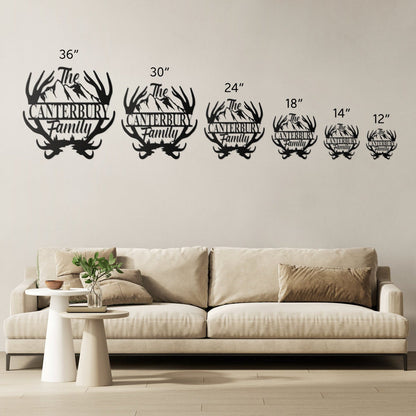 Custom Name Antler with Mountains Metal Wall Art, Family Metal Wall Hanging, Artwork for Home or Cabin, Large Indoor or Outdoor Wall Art