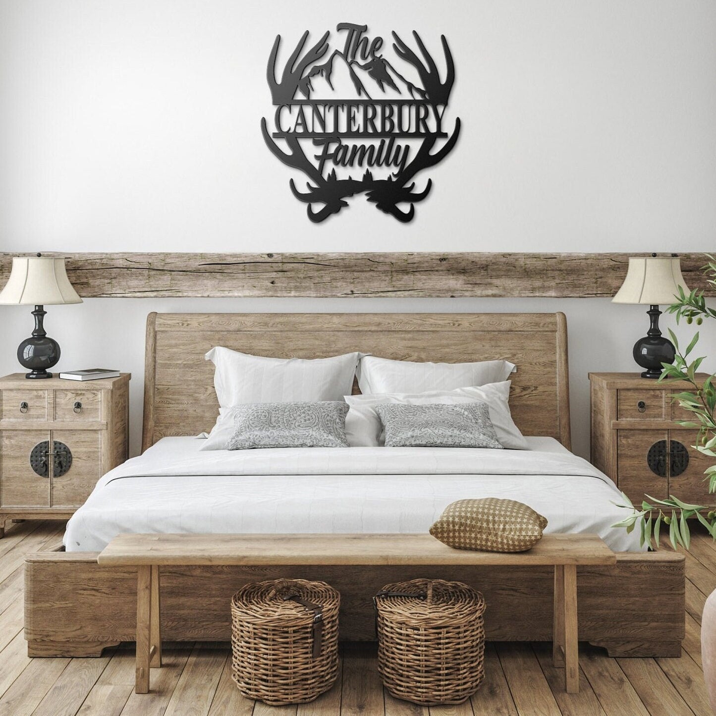 Custom Name Antler with Mountains Metal Wall Art, Family Metal Wall Hanging, Artwork for Home or Cabin, Large Indoor or Outdoor Wall Art