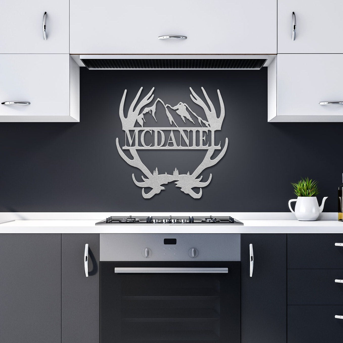 Custom Name Antler with Mountains Metal Wall Art, Family Metal Wall Hanging, Artwork for Home or Cabin, Large Indoor or Outdoor Wall Art