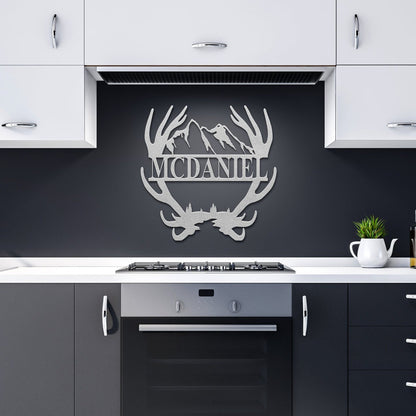 Custom Name Antler with Mountains Metal Wall Art, Family Metal Wall Hanging, Artwork for Home or Cabin, Large Indoor or Outdoor Wall Art