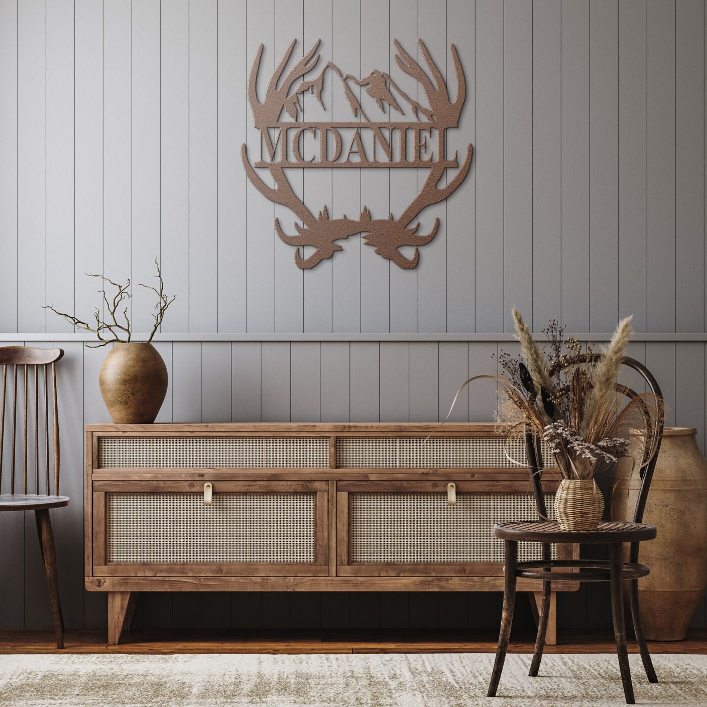 Custom Name Antler with Mountains Metal Wall Art, Family Metal Wall Hanging, Artwork for Home or Cabin, Large Indoor or Outdoor Wall Art