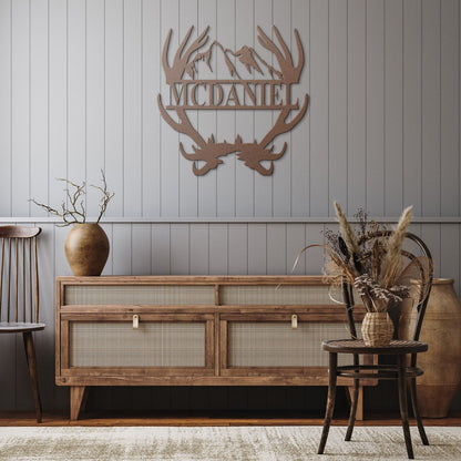 Custom Name Antler with Mountains Metal Wall Art, Family Metal Wall Hanging, Artwork for Home or Cabin, Large Indoor or Outdoor Wall Art