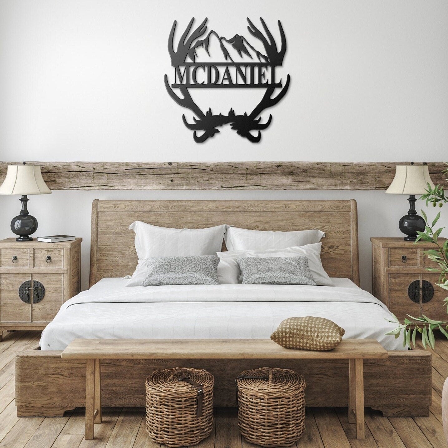 Custom Name Antler with Mountains Metal Wall Art, Family Metal Wall Hanging, Artwork for Home or Cabin, Large Indoor or Outdoor Wall Art