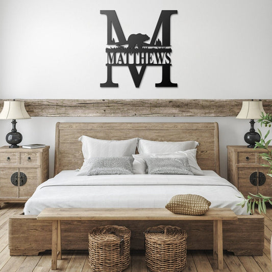 Personalized Bear Monogram Metal Wall Art, Family Name Sign
