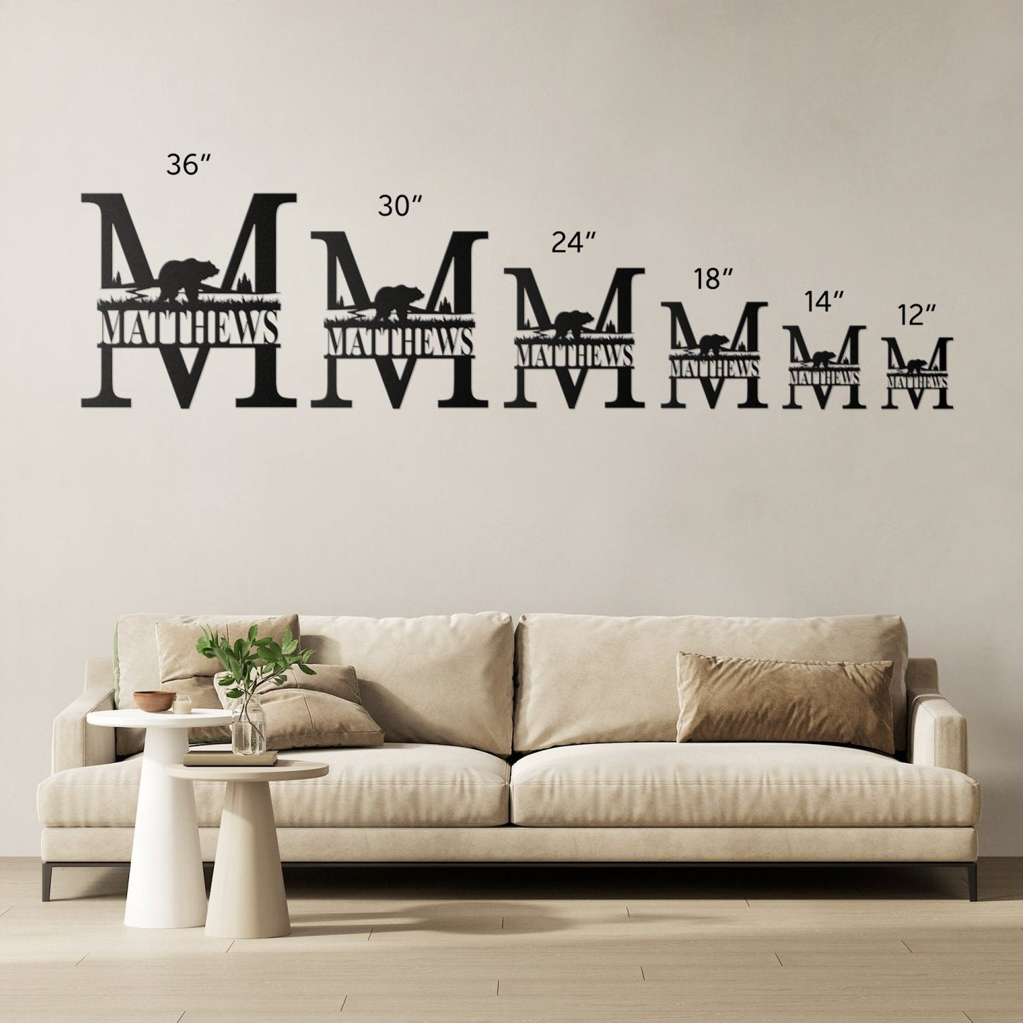Personalized Bear Monogram Metal Wall Art, Family Name Sign