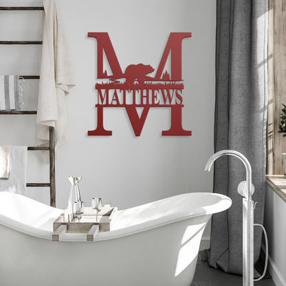 Personalized Bear Monogram Metal Wall Art, Family Name Sign
