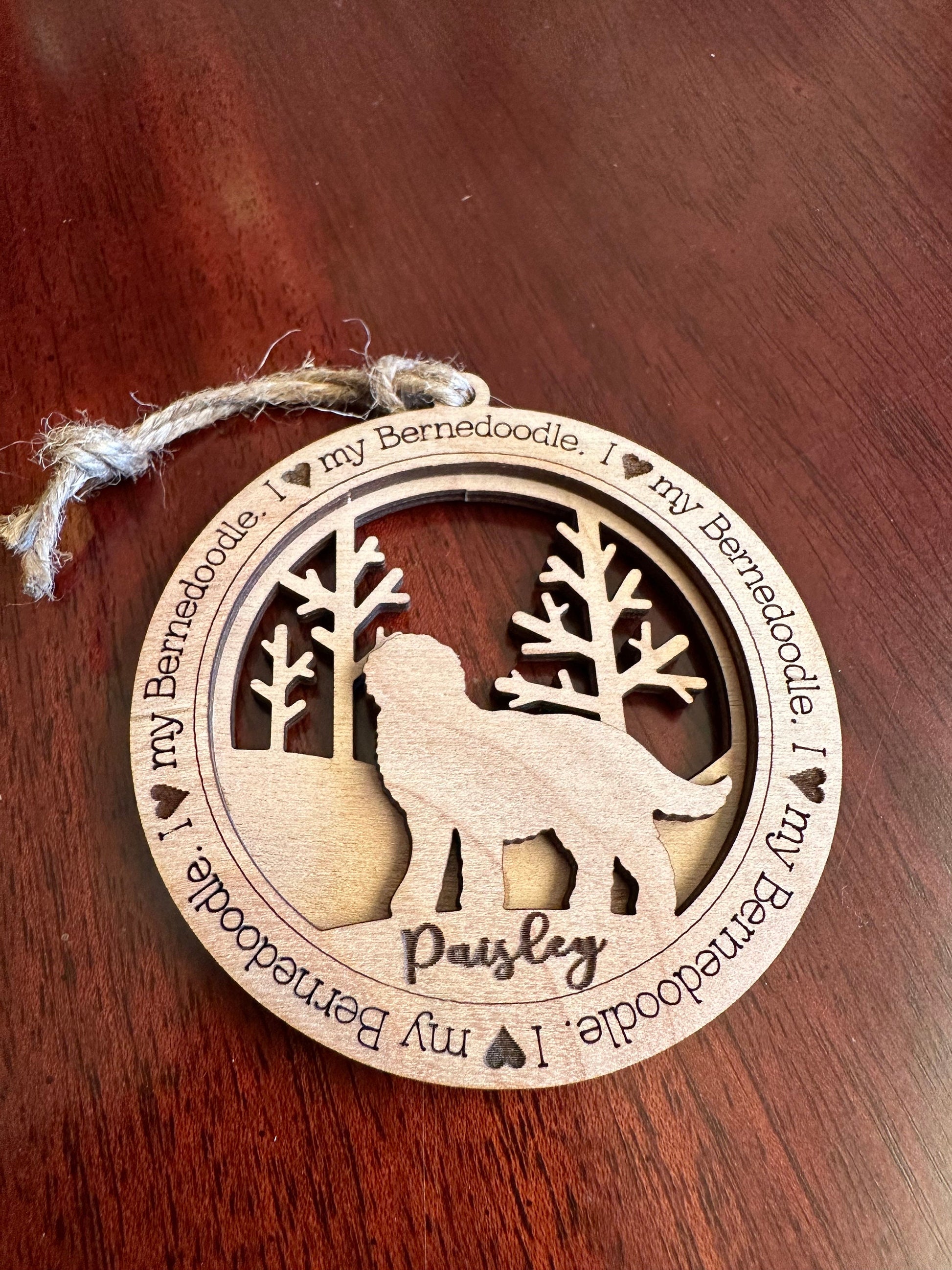 Personalized Bernedoodle Ornament, Laser Cut Birchwood Pet Memorial