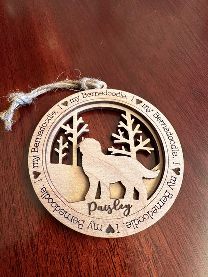 Personalized Bernedoodle Ornament, Laser Cut Birchwood Pet Memorial
