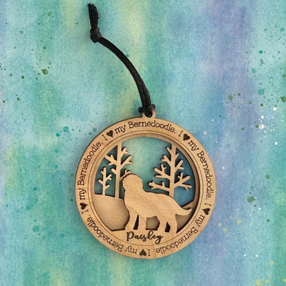 Personalized Bernedoodle Ornament, Laser Cut Birchwood Pet Memorial