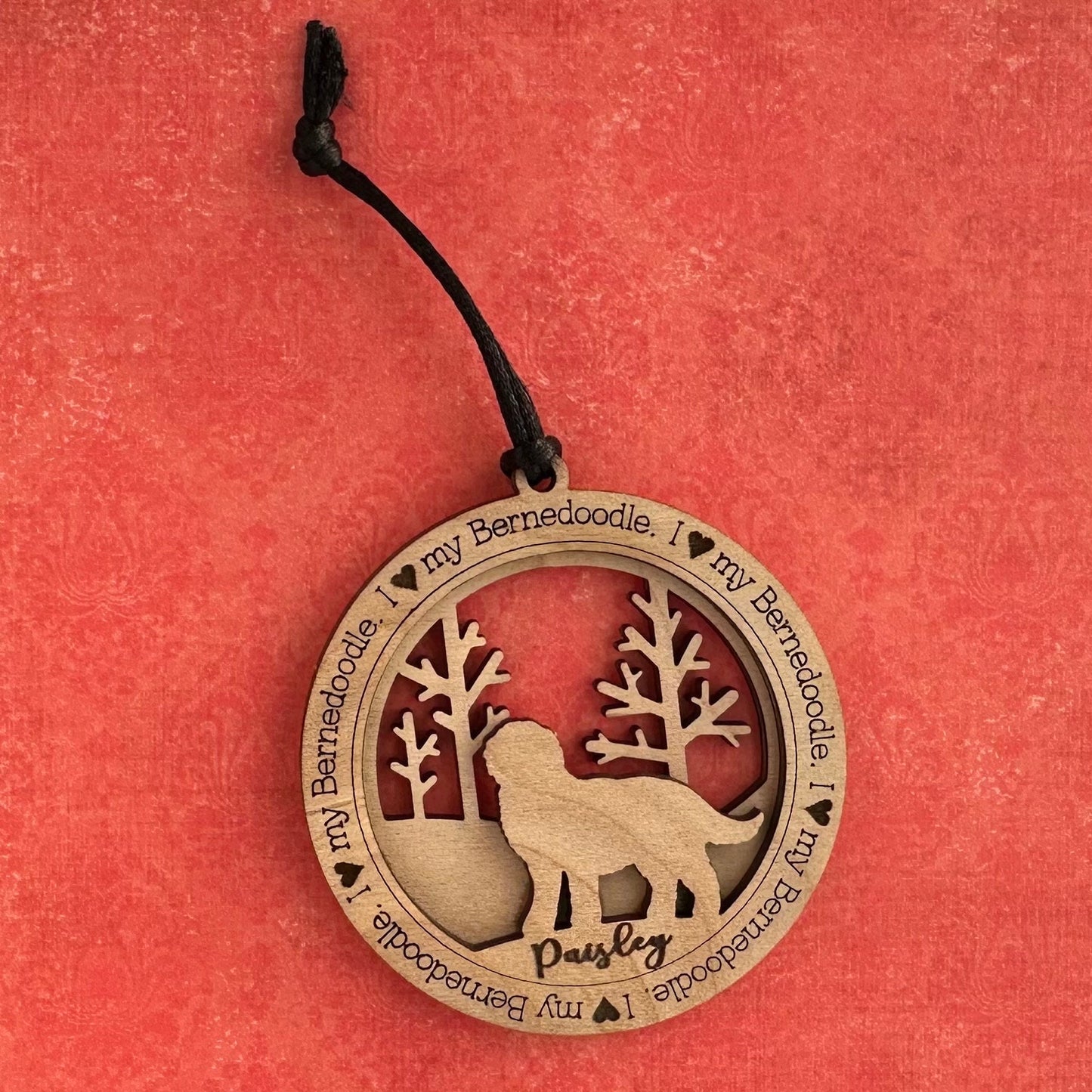 Personalized Bernedoodle Ornament, Laser Cut Birchwood Pet Memorial