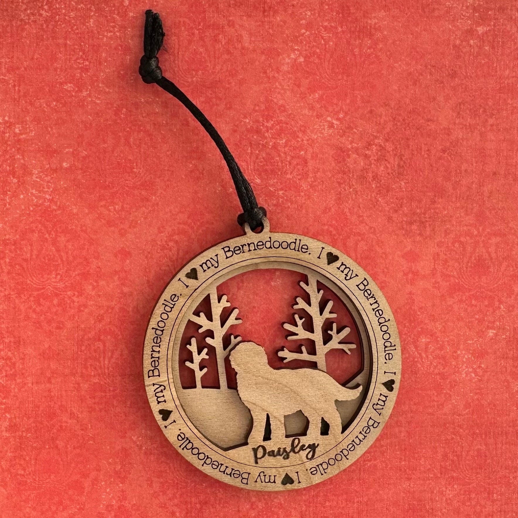 Personalized Bernedoodle Ornament, Laser Cut Birchwood Pet Memorial