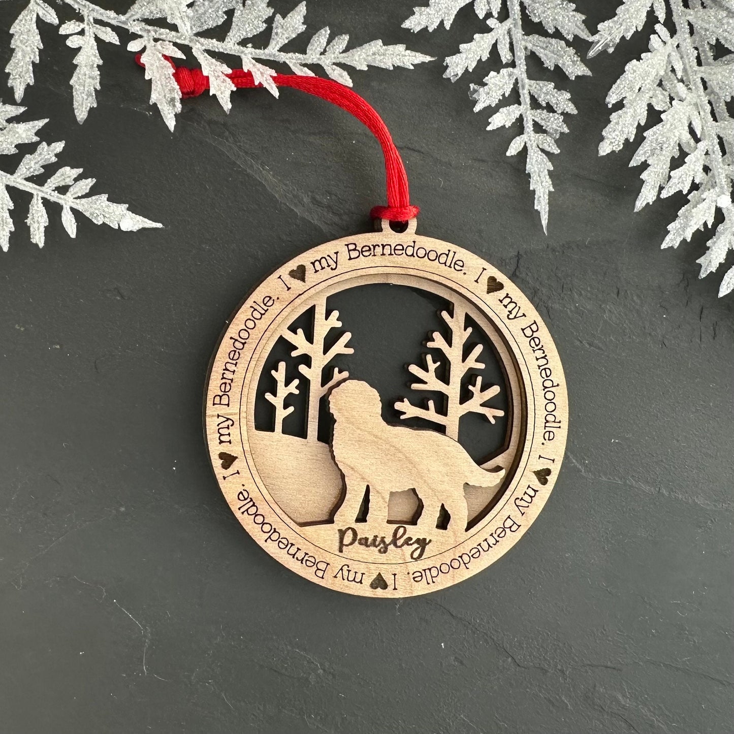 Personalized Bernedoodle Ornament, Laser Cut Birchwood Pet Memorial