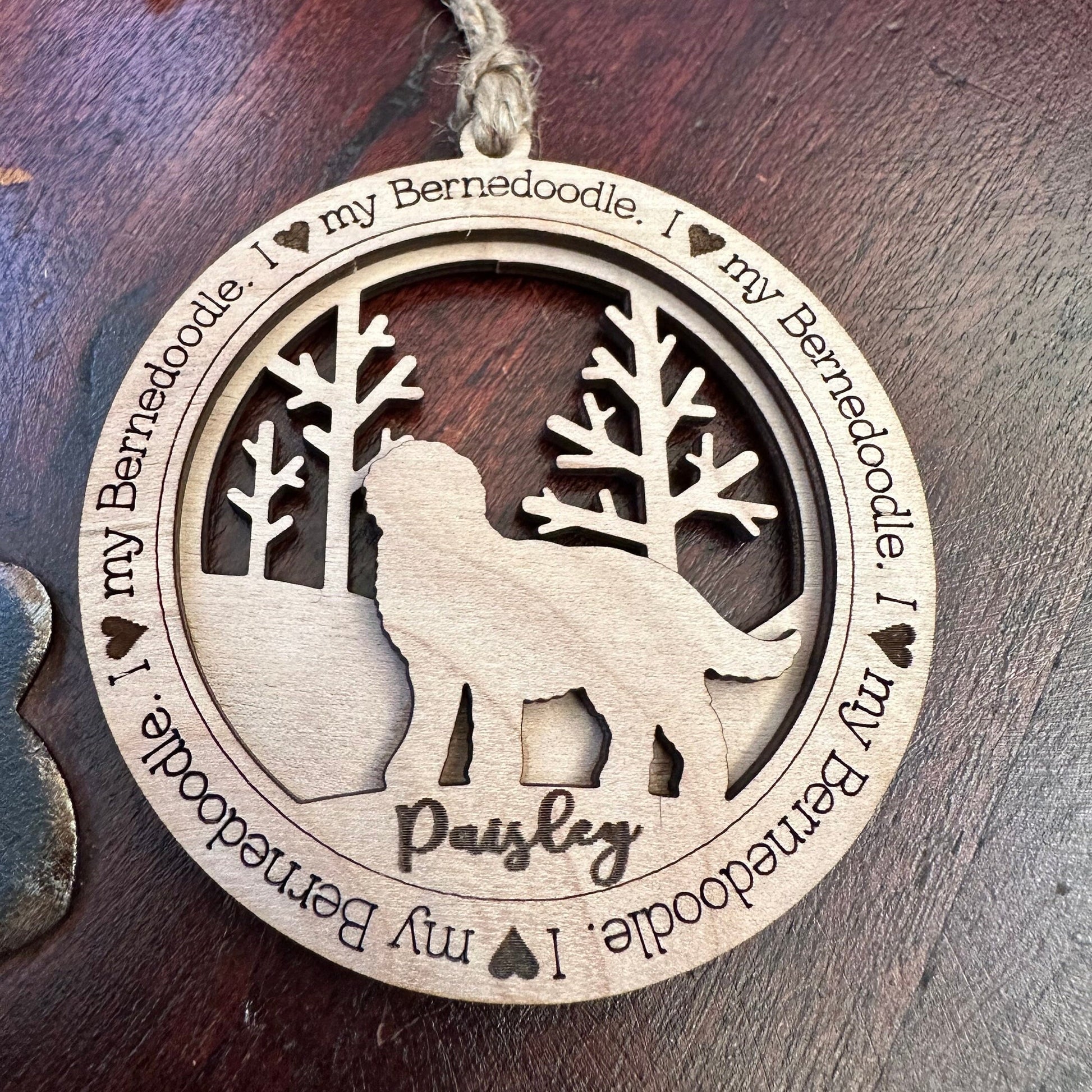 Personalized Bernedoodle Ornament, Laser Cut Birchwood Pet Memorial