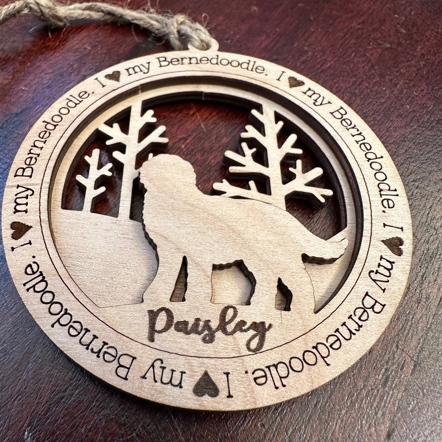 Personalized Bernedoodle Ornament, Laser Cut Birchwood Pet Memorial