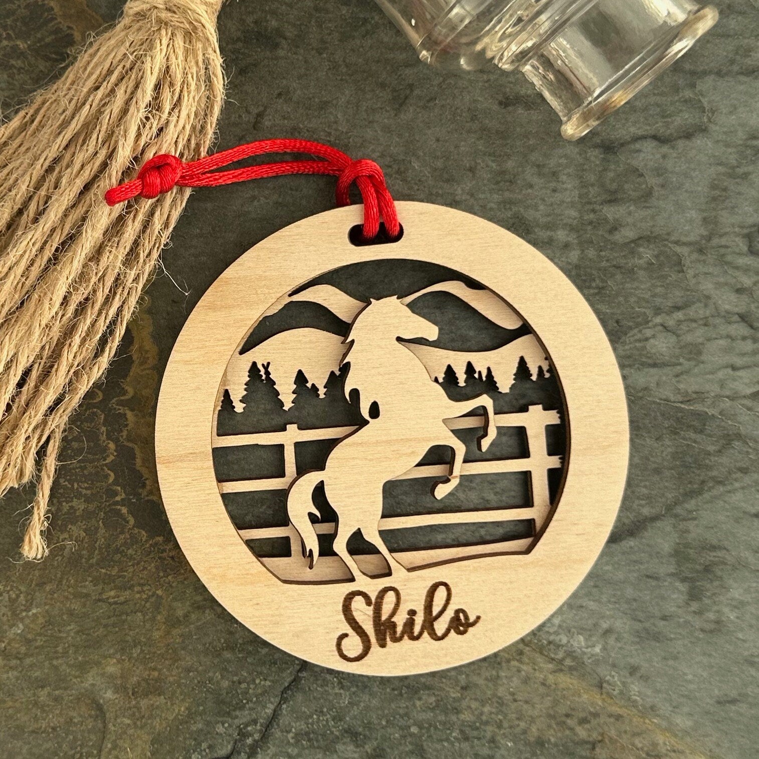 Beautiful personalized horse with a mountains ornament can be customized with your name, horse’s or text of your choosing. This keepsake equestrian ornament is a heartfelt memorial for the celebration of life and experiences.