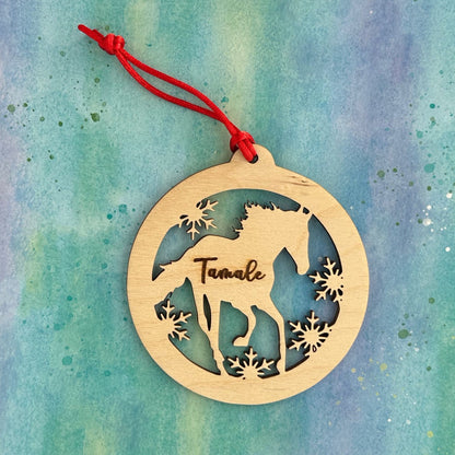 Beautiful personalized horse with snow ornament can be customized with your name, horse’s or text of your choosing. This keepsake equestrian ornament is a heartfelt memorial for the celebration of life and experiences.