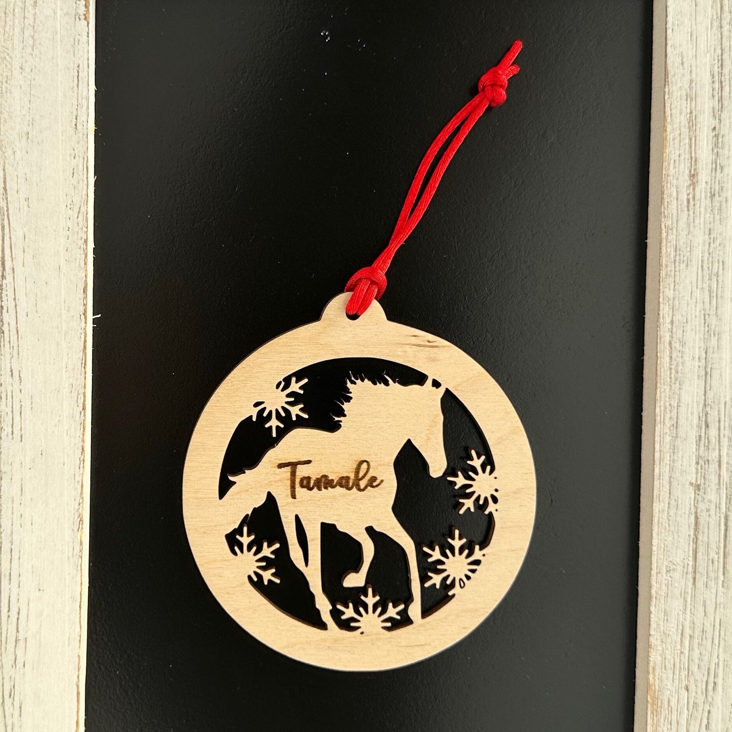 Beautiful personalized horse with snow ornament can be customized with your name, horse’s or text of your choosing. This keepsake equestrian ornament is a heartfelt memorial for the celebration of life and experiences.