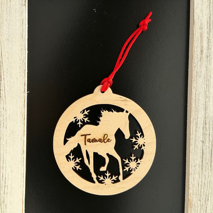 Beautiful personalized horse with snow ornament can be customized with your name, horse’s or text of your choosing. This keepsake equestrian ornament is a heartfelt memorial for the celebration of life and experiences.