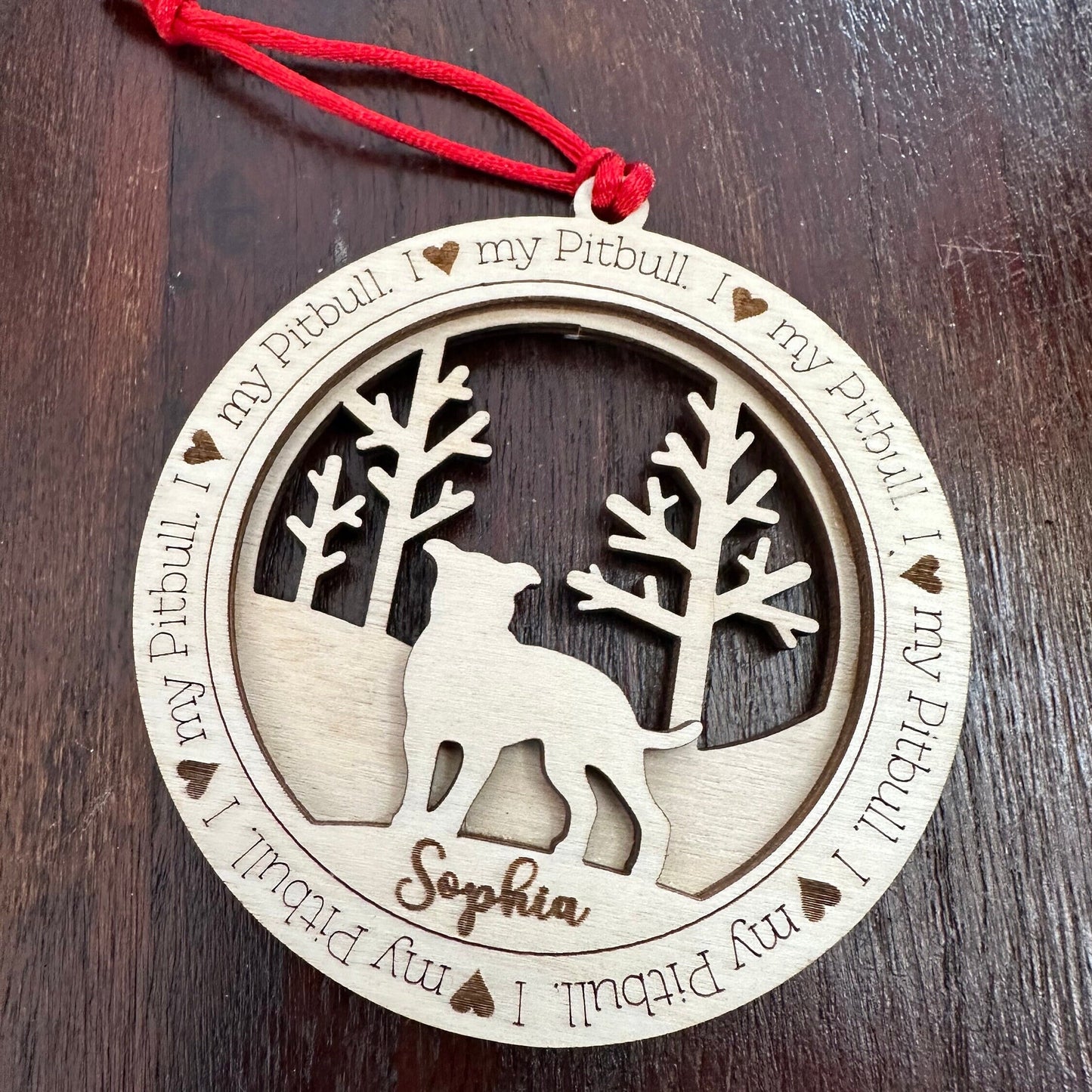 Personalized Pitbull Ornament, Laser Cut Birchwood, Dog Memorial Gift