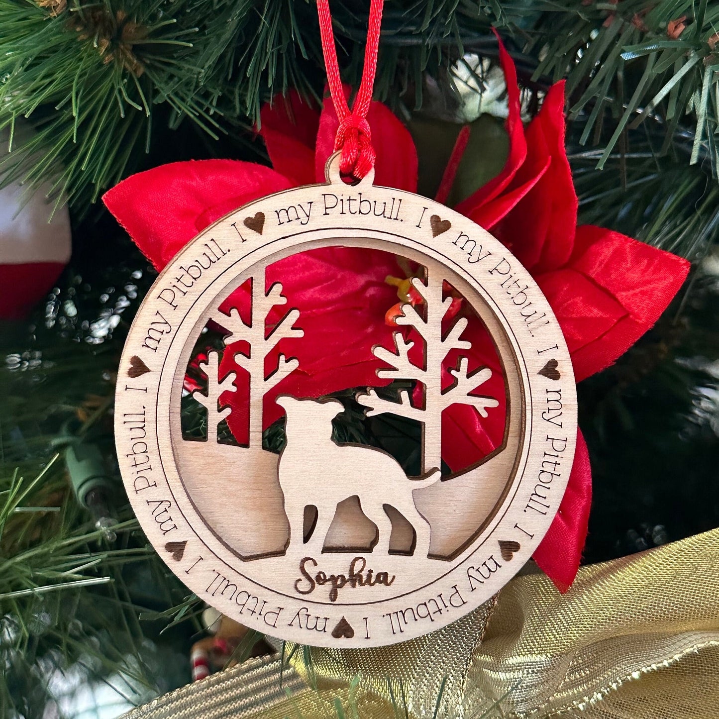 Personalized Pitbull Ornament, Laser Cut Birchwood, Dog Memorial Gift