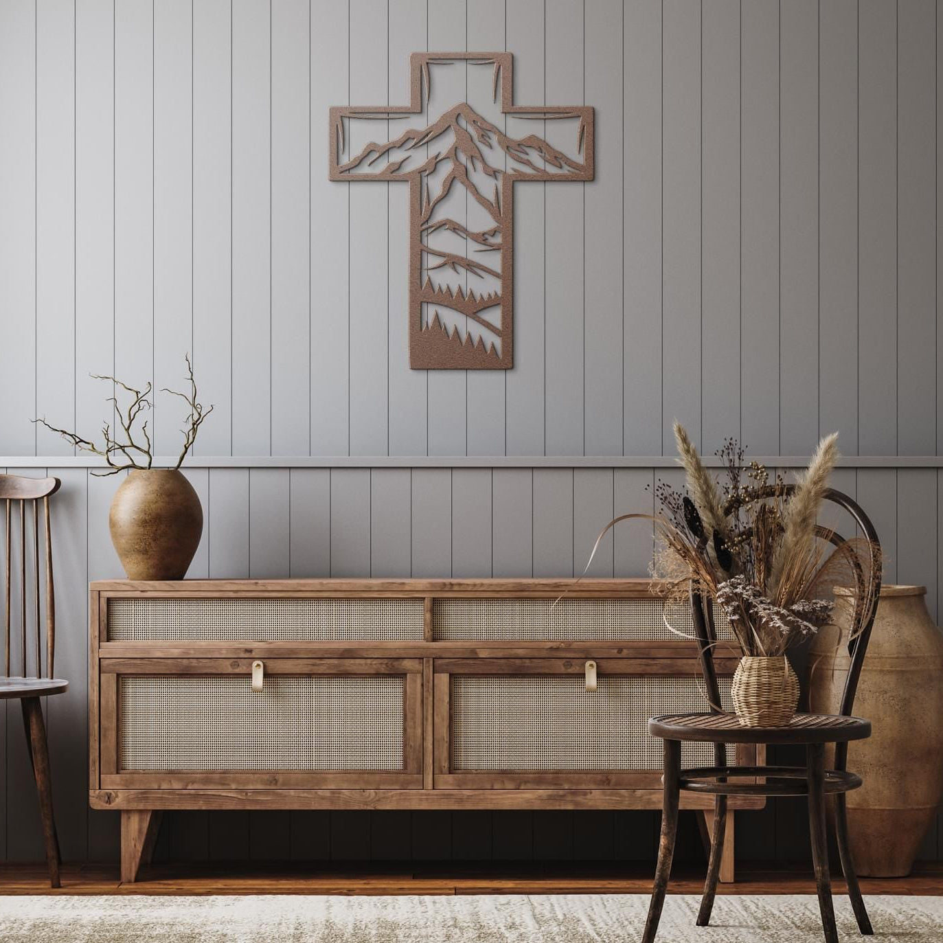 Metal Cross Wall Art with Mountains Nature Scene | Christian Home Decor | Rustic Faith Cross | Outdoor or Indoor Religious Gift
