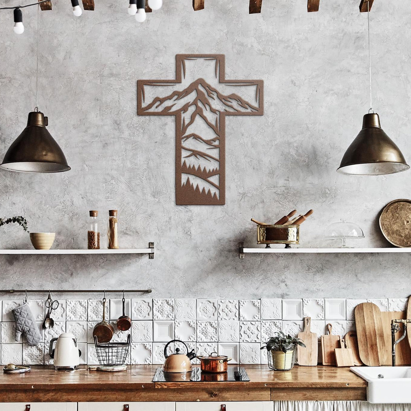 Metal Cross Wall Art with Mountains Nature Scene | Christian Home Decor | Rustic Faith Cross | Outdoor or Indoor Religious Gift