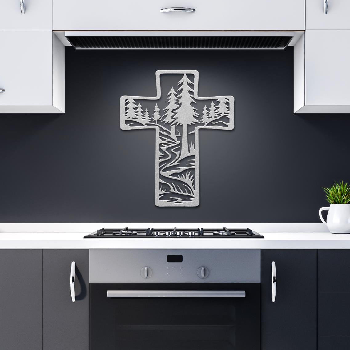 Metal Cross Wall Art with Forest and Stream Nature Scene | Christian Home Decor | Rustic Faith Cross | Outdoor or Indoor Religious Gift