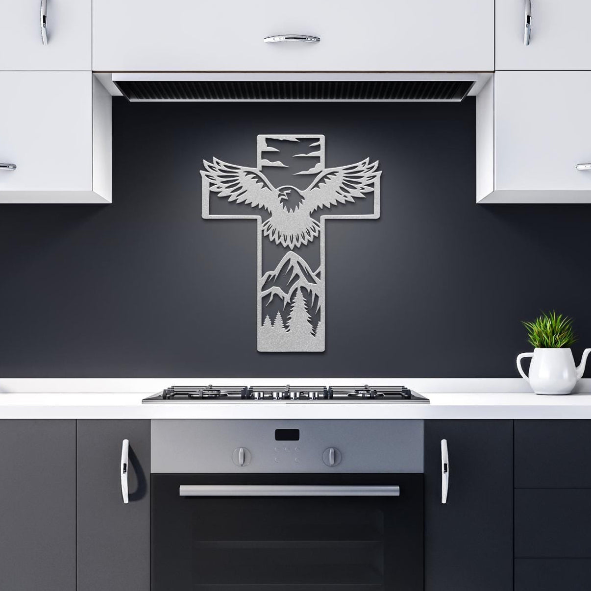 Metal Cross Wall Art - Eagle in the Mountains Nature Scene | Christian Home Decor | Rustic Faith Cross | Outdoor or Indoor Religious Gift