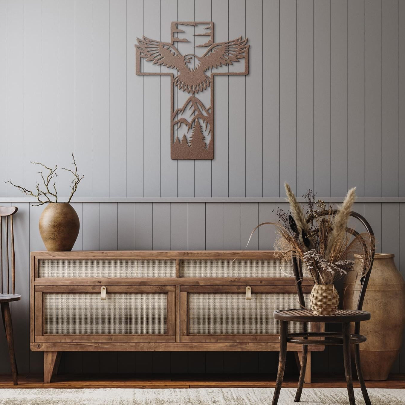 Metal Cross Wall Art - Eagle in the Mountains Nature Scene | Christian Home Decor | Rustic Faith Cross | Outdoor or Indoor Religious Gift