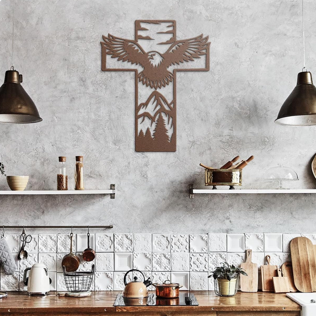 Metal Cross Wall Art - Eagle in the Mountains Nature Scene | Christian Home Decor | Rustic Faith Cross | Outdoor or Indoor Religious Gift