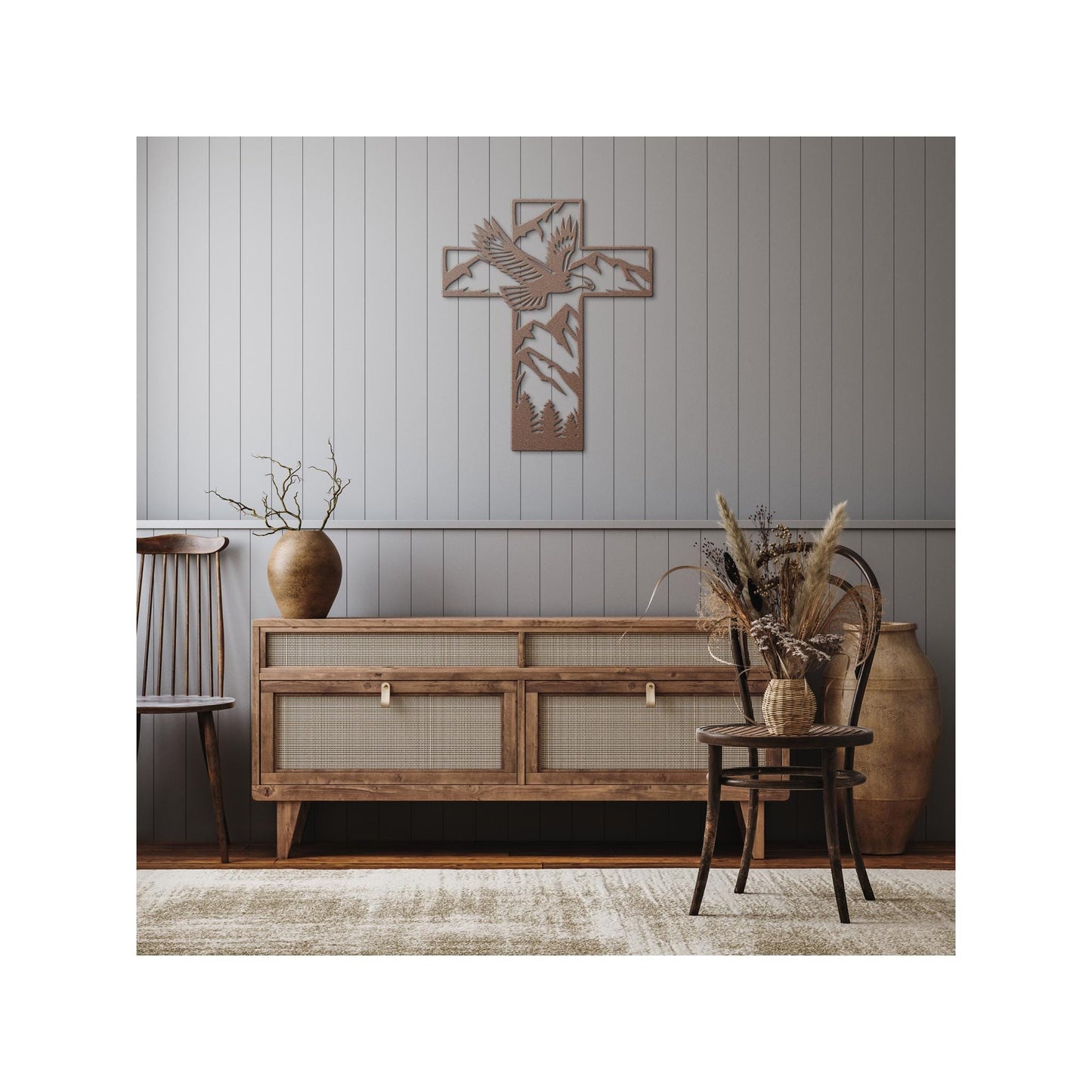 Metal Cross Wall Art with Soaring Eagle Mountain Nature Scene | Christian Home Decor | Rustic Faith Cross | Outdoor or Indoor Religious Gift