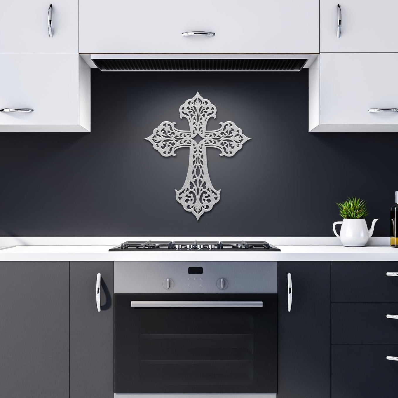 Decorative filigree metal cross wall art with ornate scrollwork, elegant Christian home decor and religious wall accent