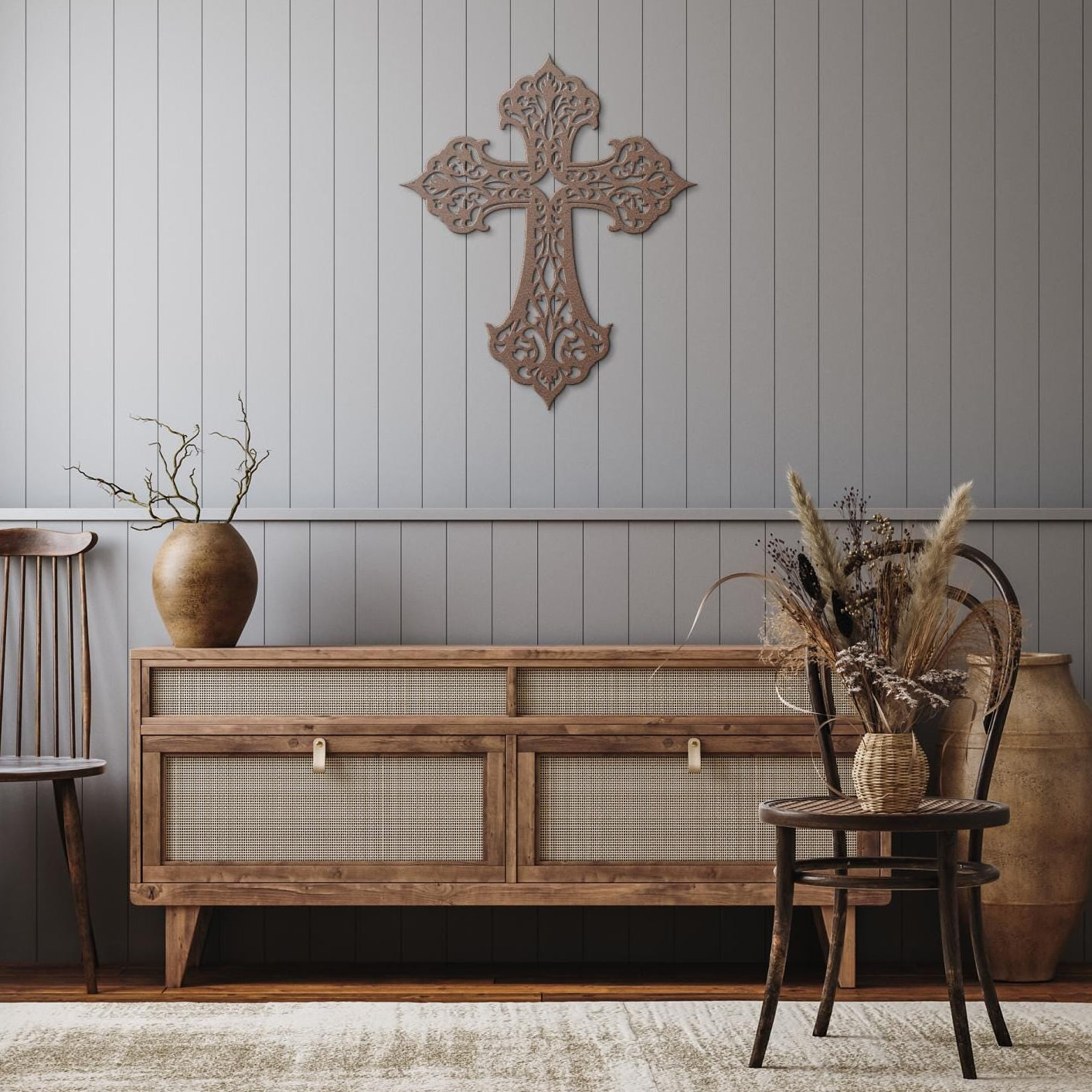Decorative filigree metal cross wall art with ornate scrollwork, elegant Christian home decor and religious wall accent